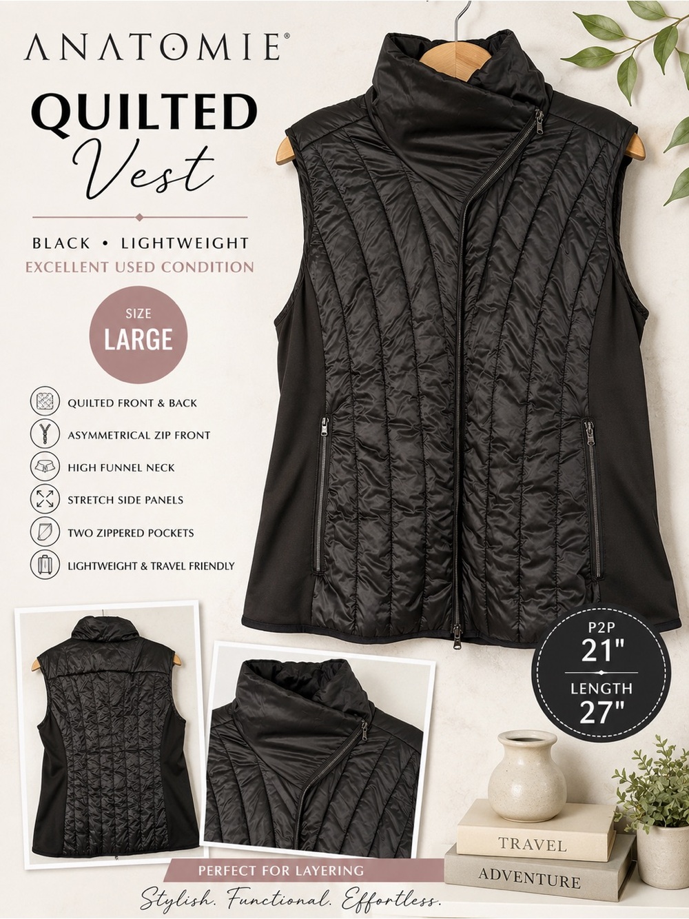 Anatomie Women’s Black Quilted Asymmetrical Zip Vest Size Large L Lightweight